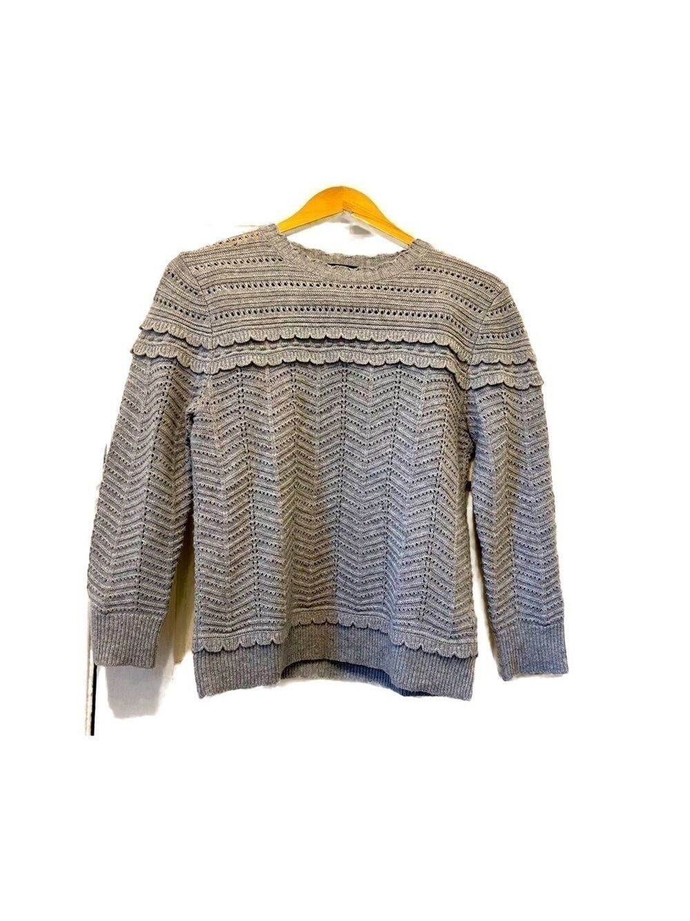 J Crew Women Sweater Small Knit Wool Nylon Viscose Blend Scalloped Design Gray